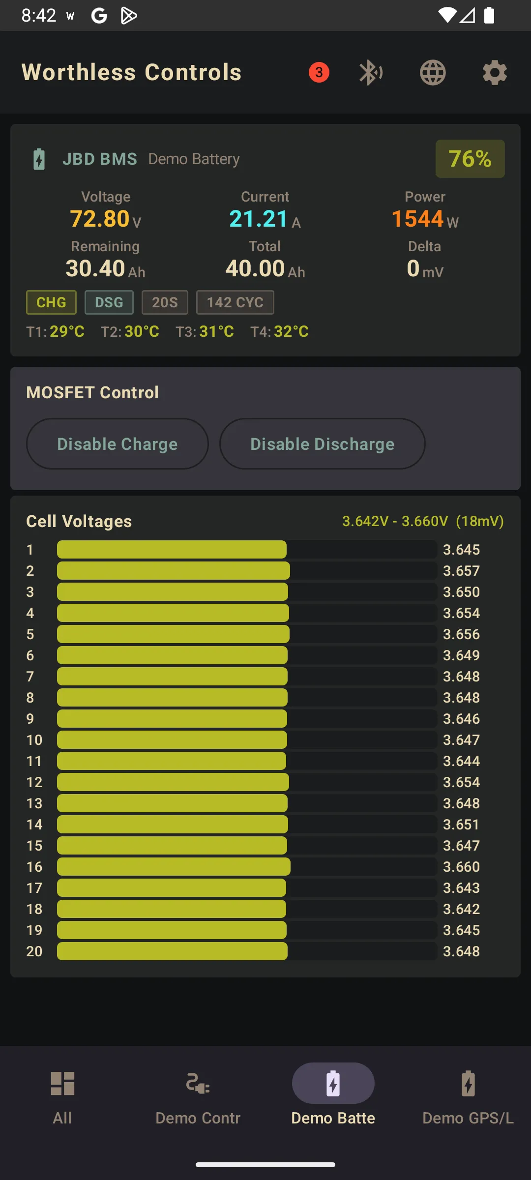 BMS battery detail with per-cell voltages