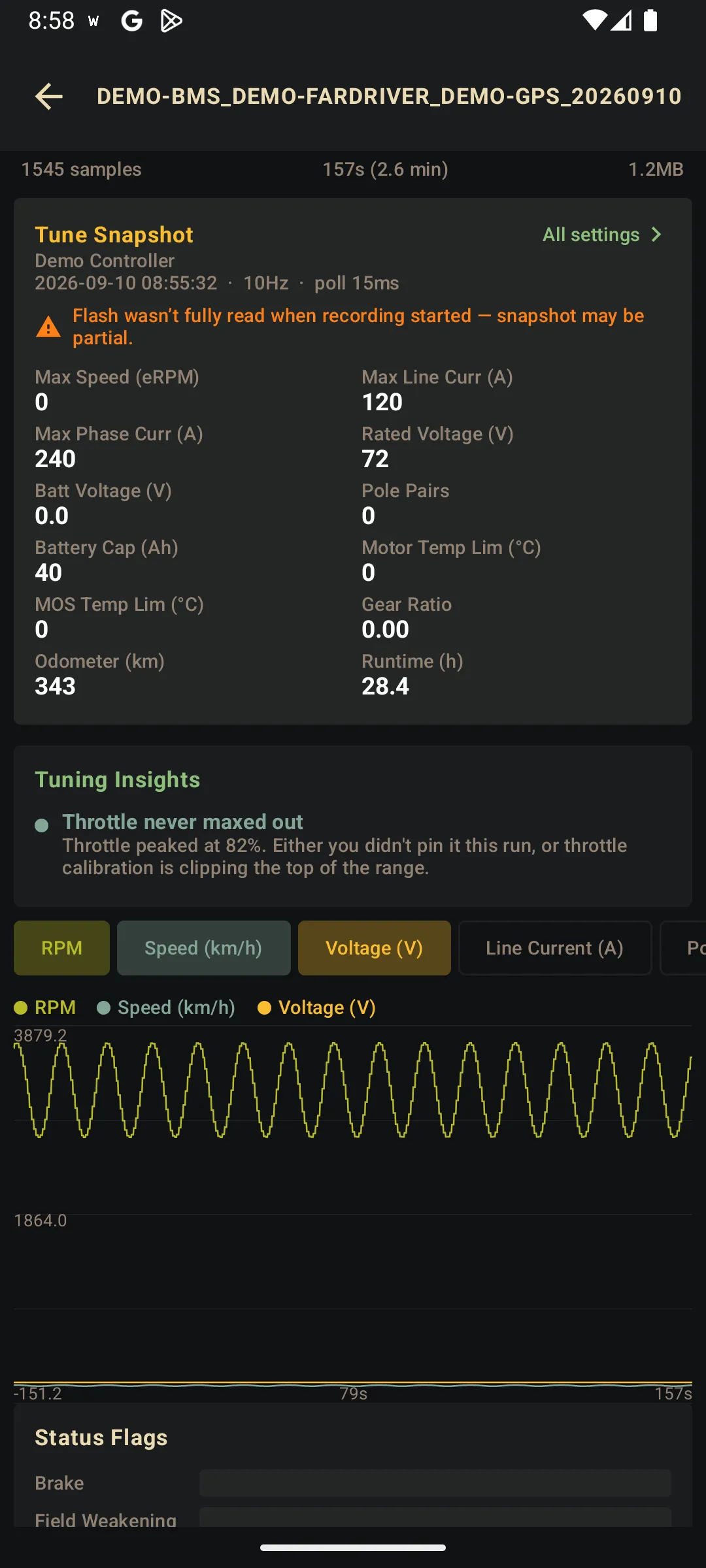 Logged ride with tuning insights and graphs